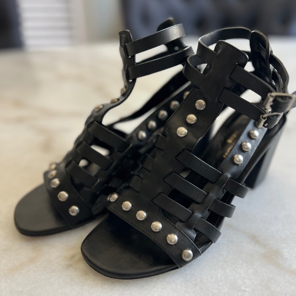 YSL Saint Laurent Calfskin Stud Block Heel Gladiator Sandals Black 37 / US 7 - Picture 2 of 13